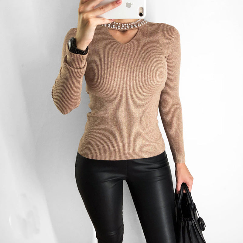 2018 Autumn Slim Pearls Pink Sweater Women Halter Knit Pullover Sweater Sexy Winter Tops Slim V Neck Long Sleeve Jumper