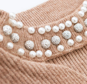 2018 Autumn Slim Pearls Pink Sweater Women Halter Knit Pullover Sweater Sexy Winter Tops Slim V Neck Long Sleeve Jumper