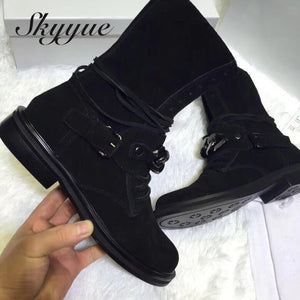 SKYYUE Black Genuine Leather Gladiator Metal Chian Women Ankle Boots Round Toe Lace Up Women Boots Brand Shoes Women