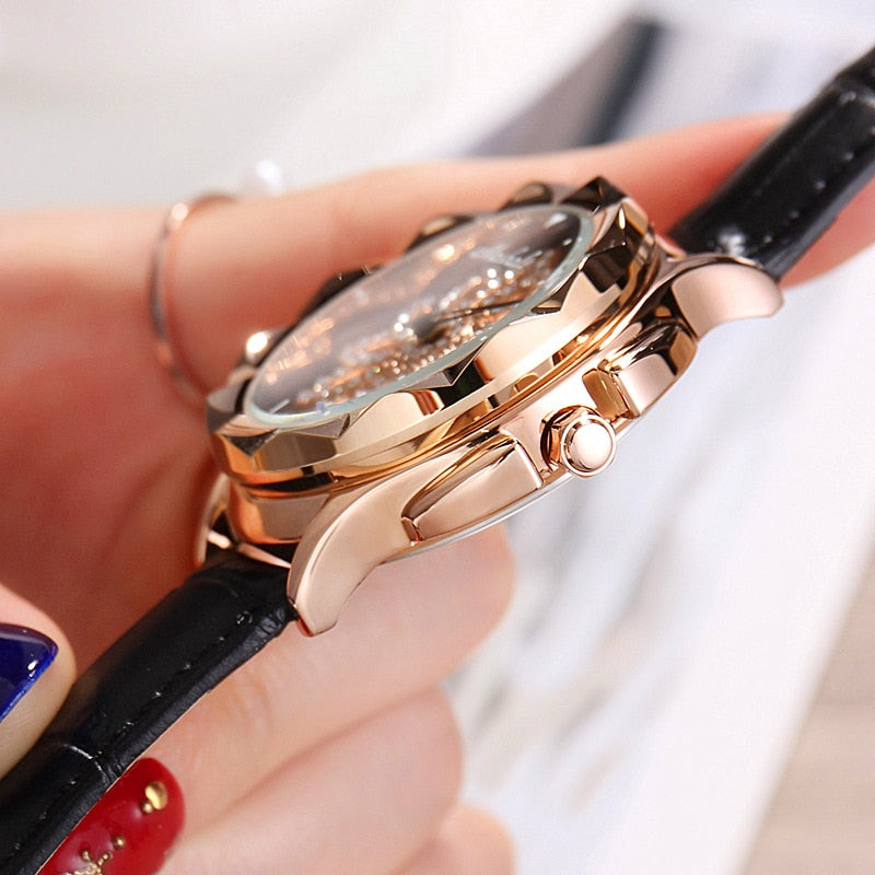 Luxury Brand Rose Gold Women Watch Fashion Casual Crystal Dress Wristwatch Leather Strap Quartz Watch Female Clock Reloj Mujer