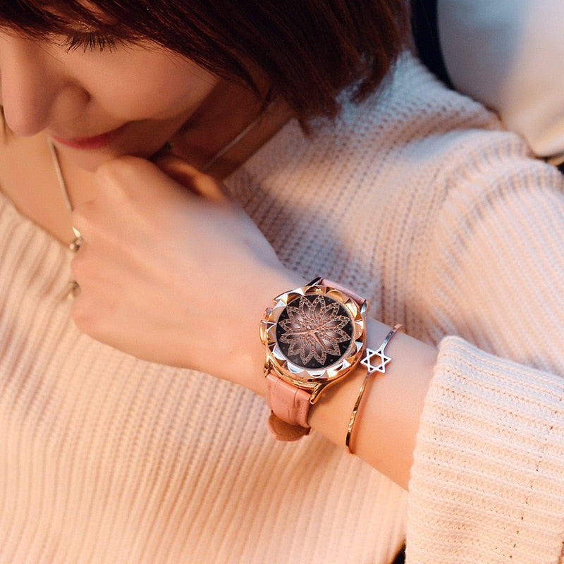 Luxury Brand Rose Gold Women Watch Fashion Casual Crystal Dress Wristwatch Leather Strap Quartz Watch Female Clock Reloj Mujer