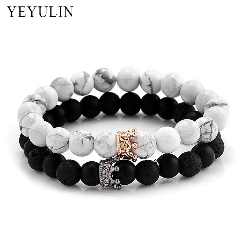 Trendy Black White Stone Beads with Gold Silver Color Alloy Crown Bracelet For Women Men Couple Bangles Jewelry