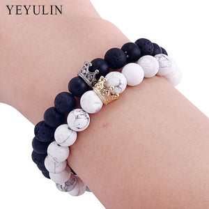 Trendy Black White Stone Beads with Gold Silver Color Alloy Crown Bracelet For Women Men Couple Bangles Jewelry