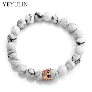 Trendy Black White Stone Beads with Gold Silver Color Alloy Crown Bracelet For Women Men Couple Bangles Jewelry