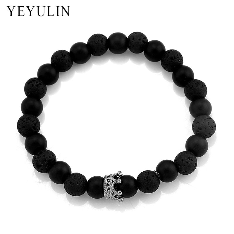 Trendy Black White Stone Beads with Gold Silver Color Alloy Crown Bracelet For Women Men Couple Bangles Jewelry