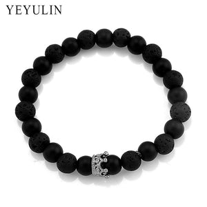Trendy Black White Stone Beads with Gold Silver Color Alloy Crown Bracelet For Women Men Couple Bangles Jewelry