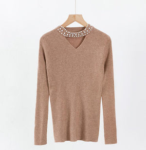 2018 Autumn Slim Pearls Pink Sweater Women Halter Knit Pullover Sweater Sexy Winter Tops Slim V Neck Long Sleeve Jumper