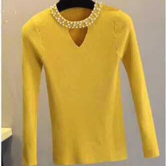 2018 Autumn Slim Pearls Pink Sweater Women Halter Knit Pullover Sweater Sexy Winter Tops Slim V Neck Long Sleeve Jumper