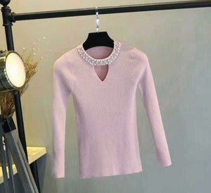 2018 Autumn Slim Pearls Pink Sweater Women Halter Knit Pullover Sweater Sexy Winter Tops Slim V Neck Long Sleeve Jumper