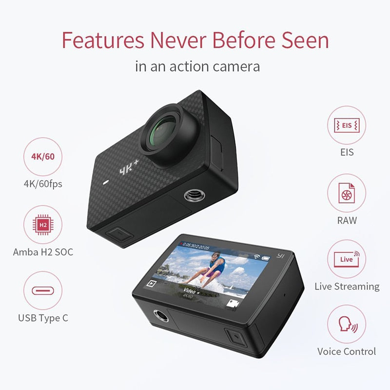 YI 4K+(Plus) Action Camera International Edition FIRST 4K/60fps Amba H2 SOC Cortex-A53 IMX377 12MP CMOS 2.2"LDC RAM EIS WIFI