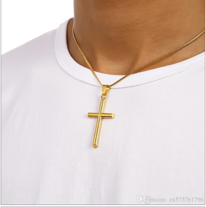 Mens Charm Cross Pendant Chokers Necklaces Fashion Hip Hop Jewelry 18k Gold Plated Design 45cm Long Chain Punk Rock Filling Pieces Mens