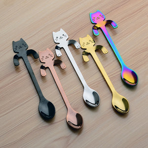 Small Mini 304 Stainless Steel Cat Kitty Coffee Spoon Strring Spoon Teaspoon Tea Spoon Dessert Spoon Long Handle Tableware Gold