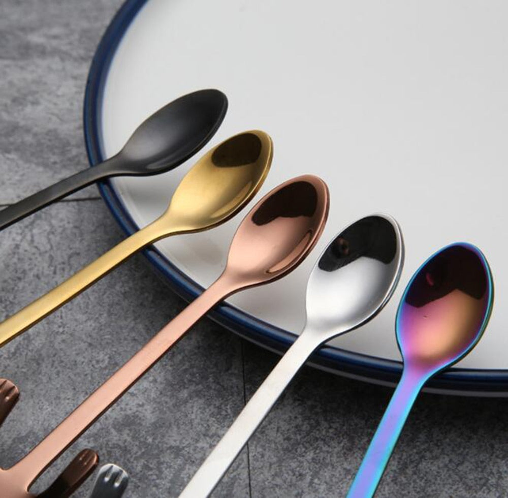 Small Mini 304 Stainless Steel Cat Kitty Coffee Spoon Strring Spoon Teaspoon Tea Spoon Dessert Spoon Long Handle Tableware Gold