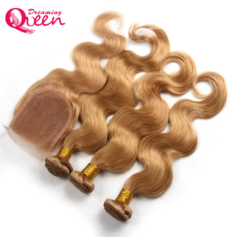 Brazilian Human Hair Bundles With Lace Closure #27 Honey Blonde Virgin Hair Wefts With Lace Closure Bleached Knots Body Wave Blonde Hair