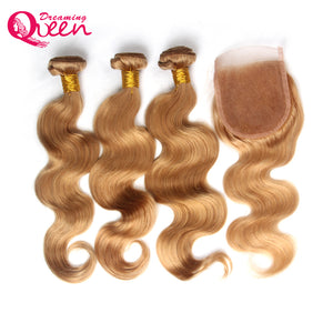 Brazilian Human Hair Bundles With Lace Closure #27 Honey Blonde Virgin Hair Wefts With Lace Closure Bleached Knots Body Wave Blonde Hair