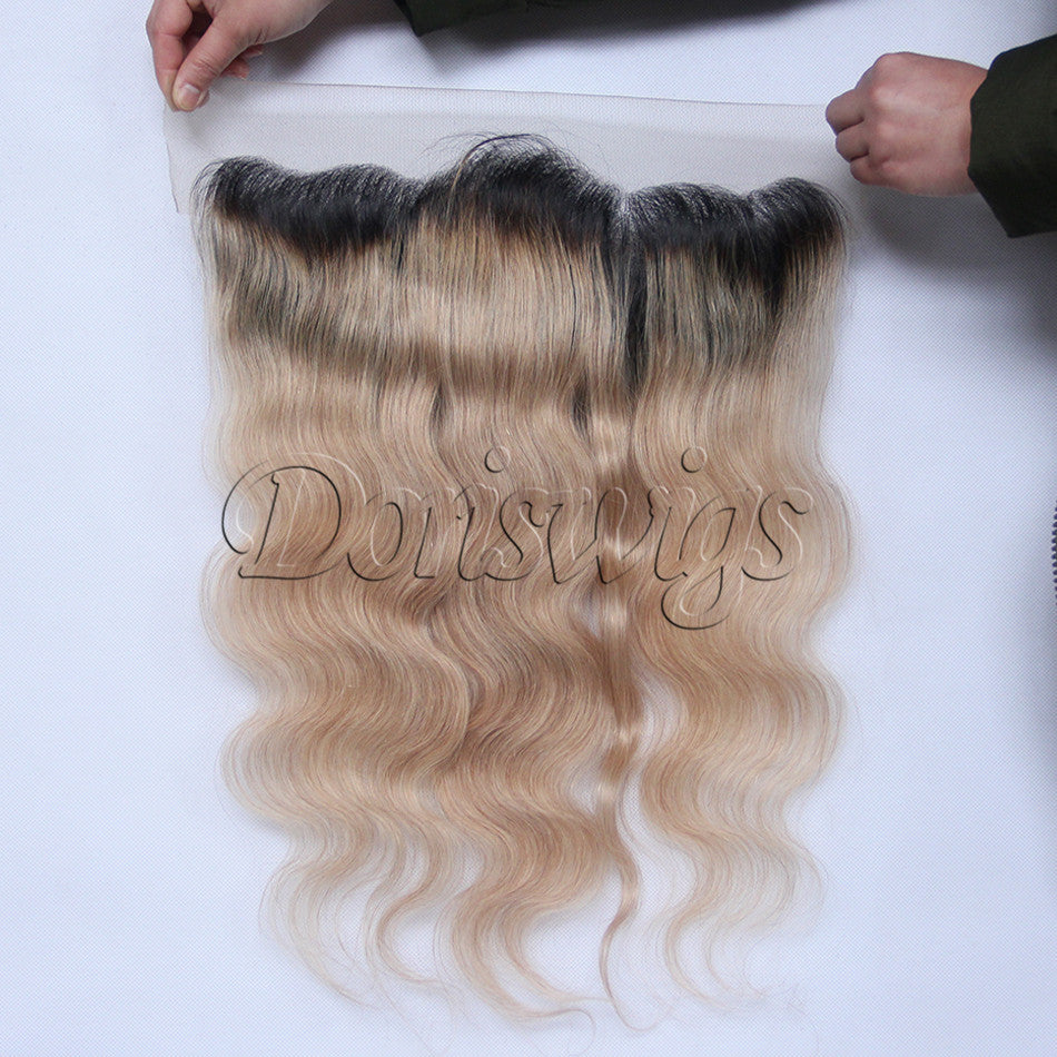 Ombre 1B/27 Dark Roots Brazilian Virgin Human Hair Extension Body Wave 3 Bundles With Ear to Ear Lace Frontal Closure Honey Blonde