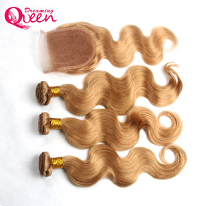 Brazilian Human Hair Bundles With Lace Closure #27 Honey Blonde Virgin Hair Wefts With Lace Closure Bleached Knots Body Wave Blonde Hair