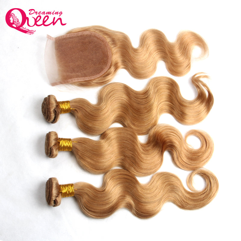 Brazilian Human Hair Bundles With Lace Closure #27 Honey Blonde Virgin Hair Wefts With Lace Closure Bleached Knots Body Wave Blonde Hair