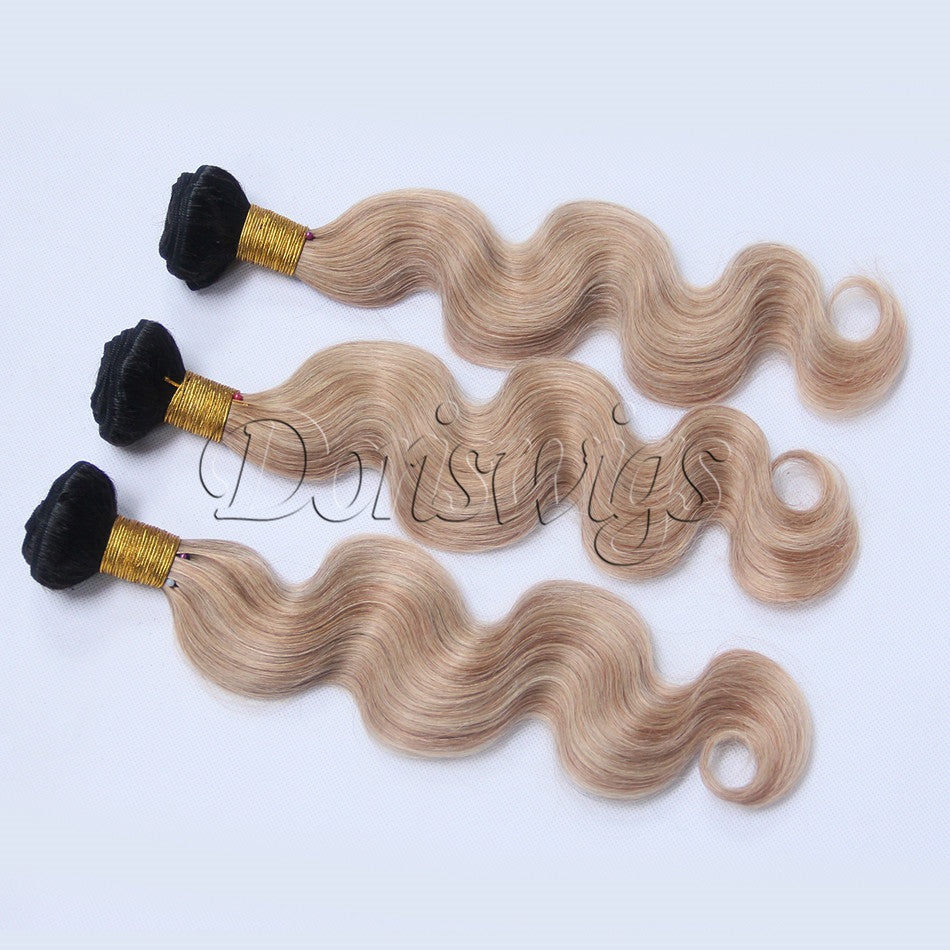 Ombre 1B/27 Dark Roots Brazilian Virgin Human Hair Extension Body Wave 3 Bundles With Ear to Ear Lace Frontal Closure Honey Blonde