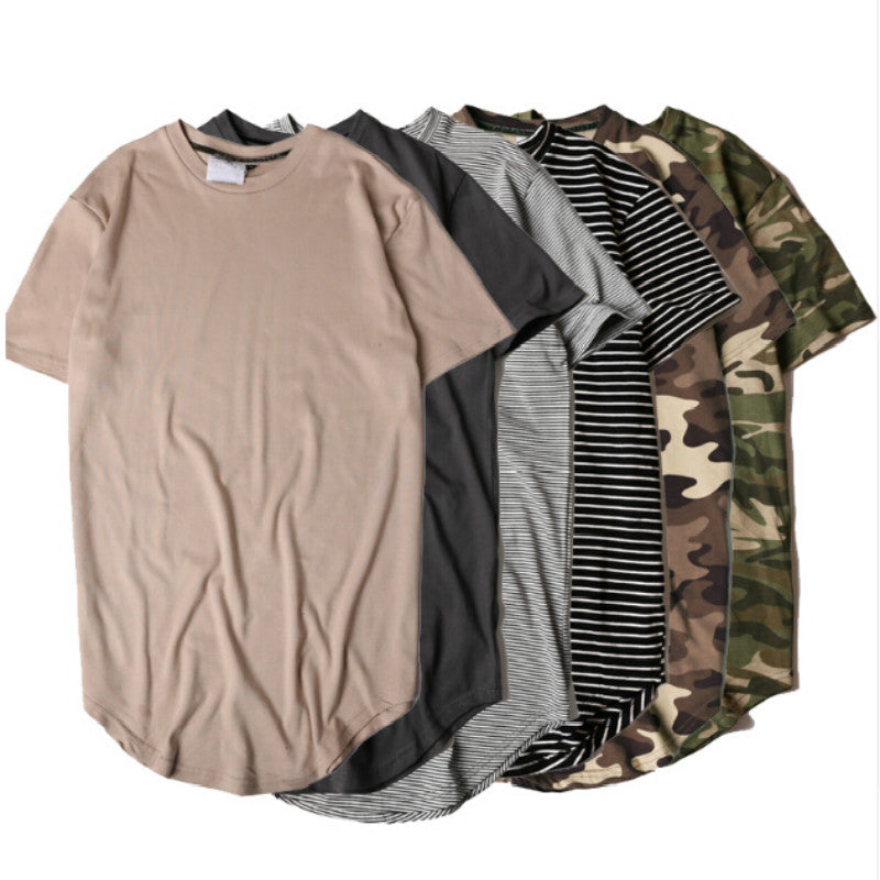 Hi-street Solid Curved Hem T-shirt Men Longline Extended Camouflage Hip Hop Tshirts Urban Kpop Tee Shirts Male Clothing 6 Colors