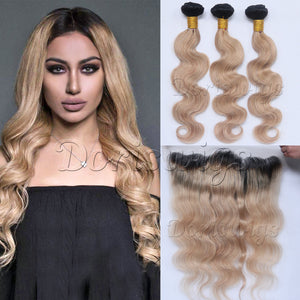 Ombre 1B/27 Dark Roots Brazilian Virgin Human Hair Extension Body Wave 3 Bundles With Ear to Ear Lace Frontal Closure Honey Blonde