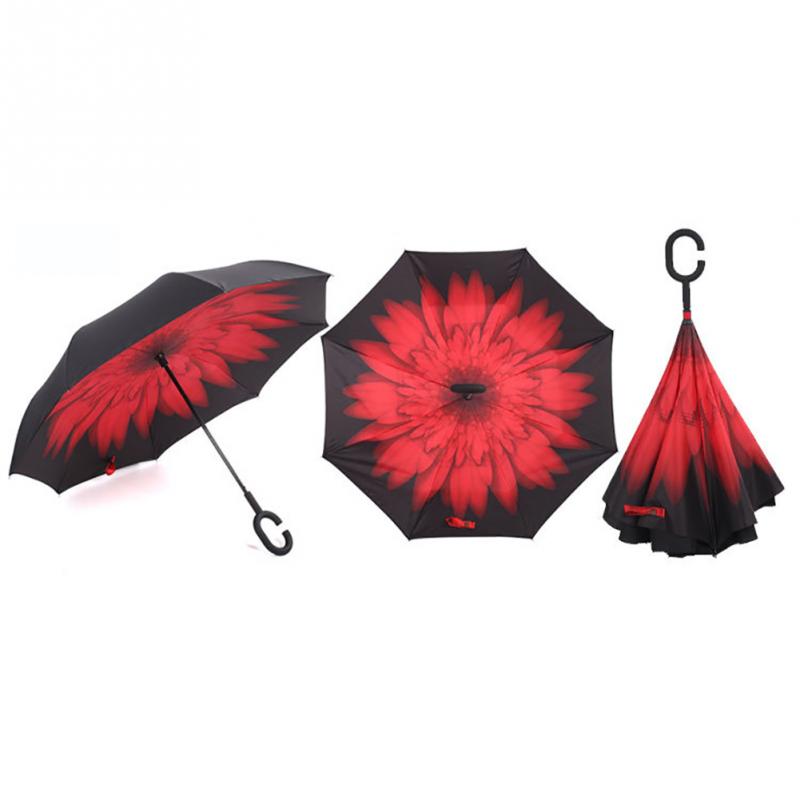 Windproof Reverse Folding Double Layer Inverted Chuva Umbrella Self Stand Rain Protection C-Hook Hands For Car Drop Shipping