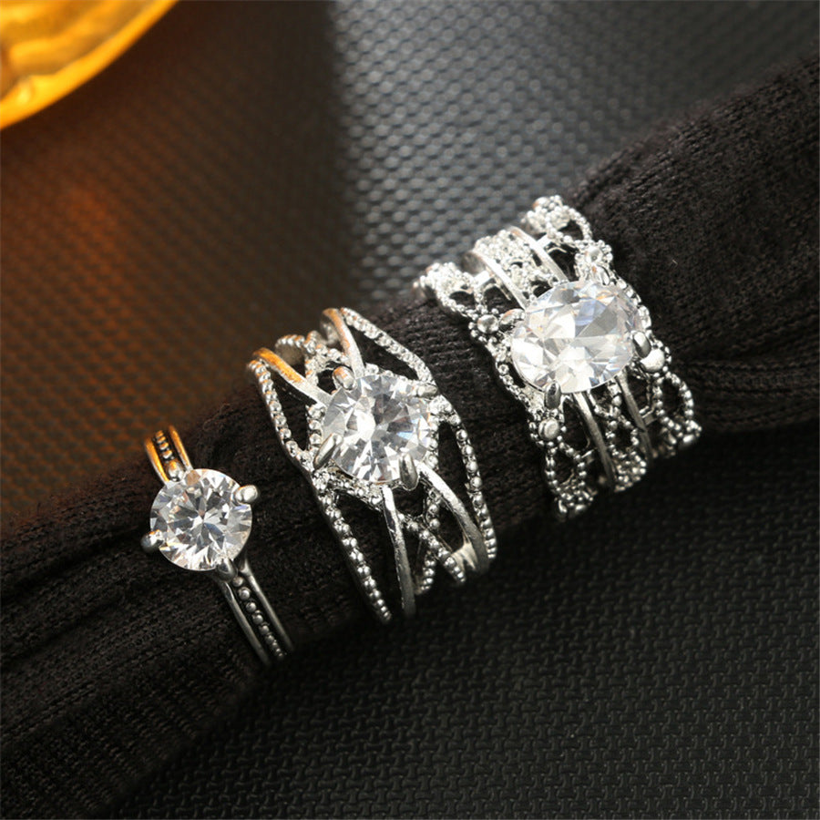 3pcs Big Cubic Zircon Wedding Knuckle Rings for Women Silver Color Crystal Finger Ring Set Boho Antique Female Jewelry