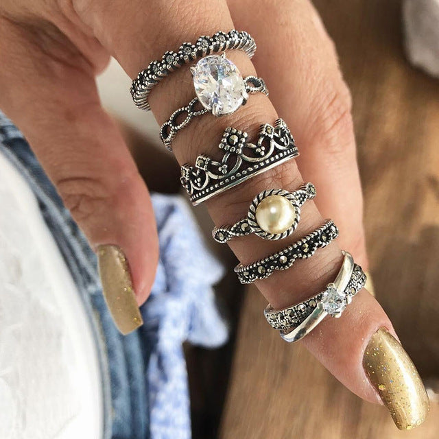 3pcs Big Cubic Zircon Wedding Knuckle Rings for Women Silver Color Crystal Finger Ring Set Boho Antique Female Jewelry