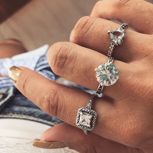 3pcs Big Cubic Zircon Wedding Knuckle Rings for Women Silver Color Crystal Finger Ring Set Boho Antique Female Jewelry