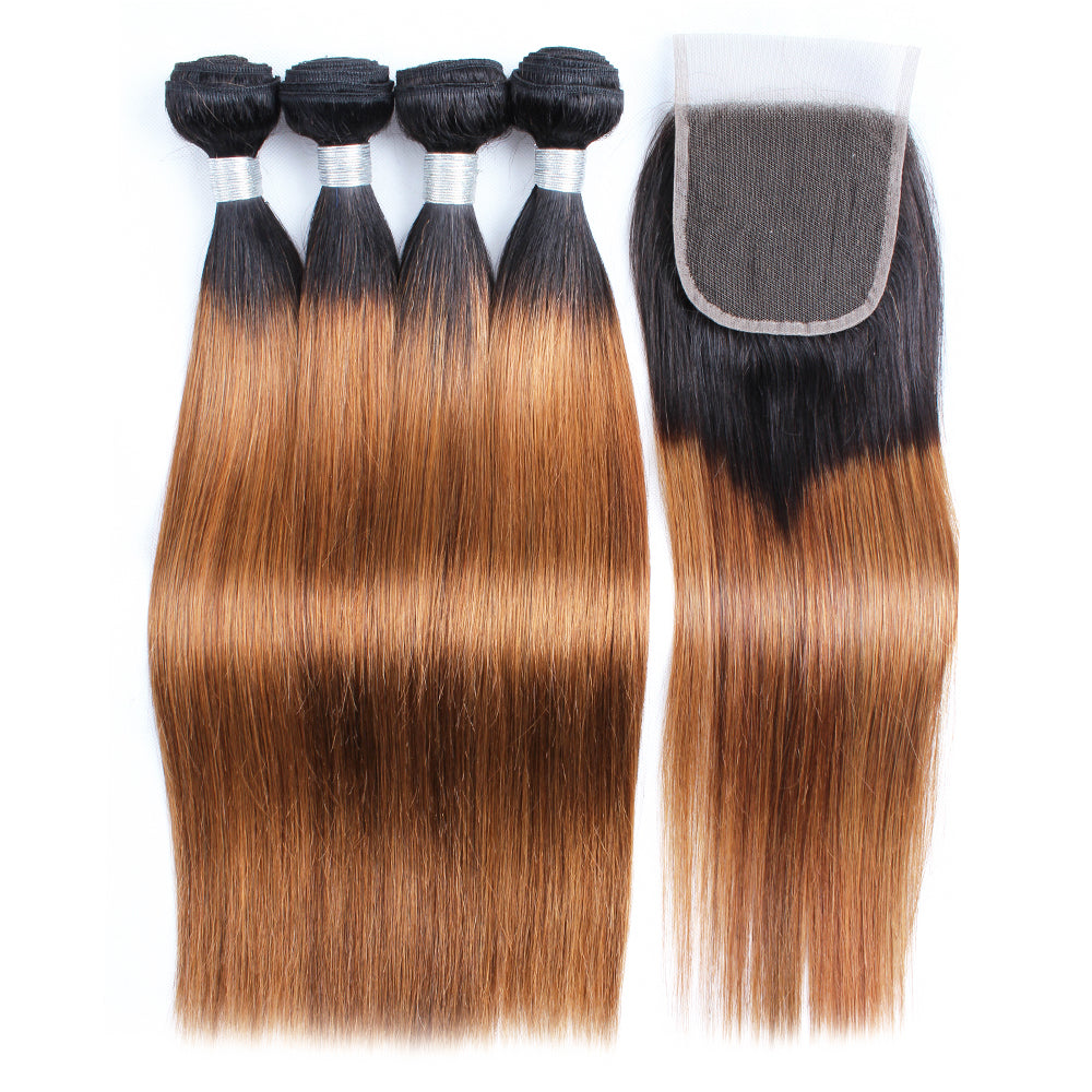 Kiss Hair 1B 27 Honey Blonde 1B 30 Straight Ombre Human Hair Weave 3/4 Bundles with Lace Closure Brazilian Virgin Hair