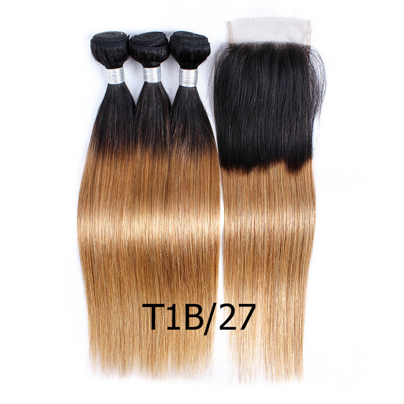 Kiss Hair 1B 27 Honey Blonde 1B 30 Straight Ombre Human Hair Weave 3/4 Bundles with Lace Closure Brazilian Virgin Hair