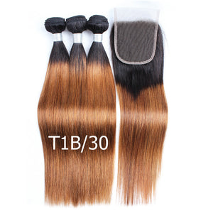 Kiss Hair 1B 27 Honey Blonde 1B 30 Straight Ombre Human Hair Weave 3/4 Bundles with Lace Closure Brazilian Virgin Hair